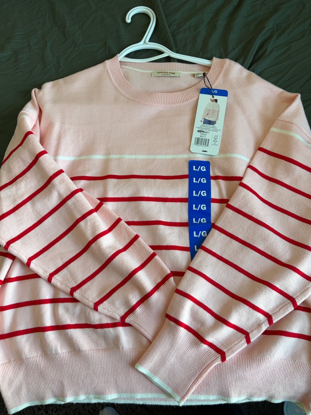Scotch and Soda Pink Striped Crewneck Sweater with Red Accents